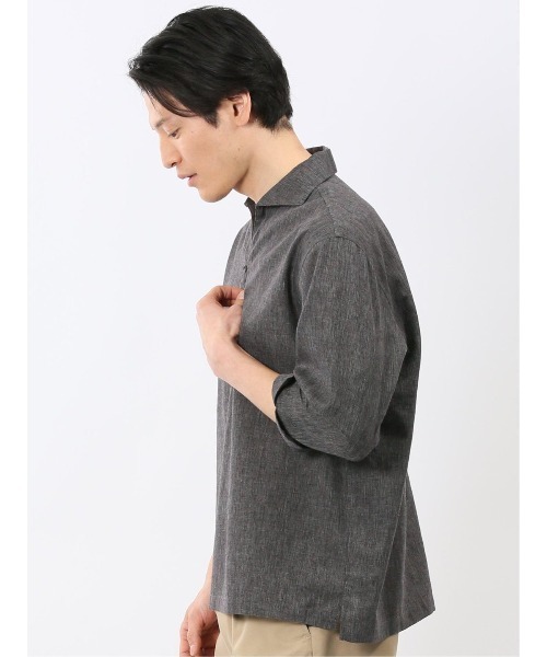 TAKA-Q(タカキュー)の「シャツ メンズ 7分袖 スキッパー プルオーバー リネン混 ゆったり オーバーサイズ (シャツ/ブラウス・メンズ・グレー系その他2/ベージュ・MEDIUM/LARGE/X-LARGE)」の4枚目の写真