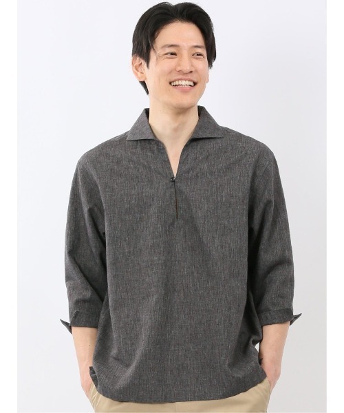 セール】シャツ メンズ 7分袖 スキッパー プルオーバー リネン混
