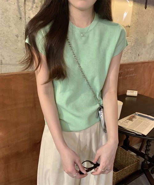 Girly Doll(ガーリードール)の「クルーネックショートスリーブニット(Tシャツ/カットソー・レディース・グリーン/パープル/イエロー/ブルー・FREE)」の19枚目の写真