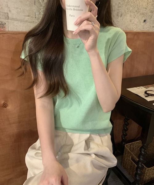 Girly Doll(ガーリードール)の「クルーネックショートスリーブニット(Tシャツ/カットソー・レディース・グリーン/パープル/イエロー/ブルー・FREE)」の21枚目の写真