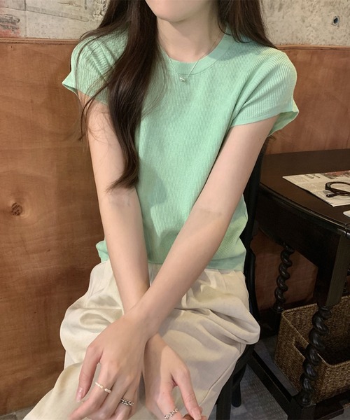 Girly Doll(ガーリードール)の「クルーネックショートスリーブニット(Tシャツ/カットソー・レディース・グリーン/パープル/イエロー/ブルー・FREE)」の22枚目の写真