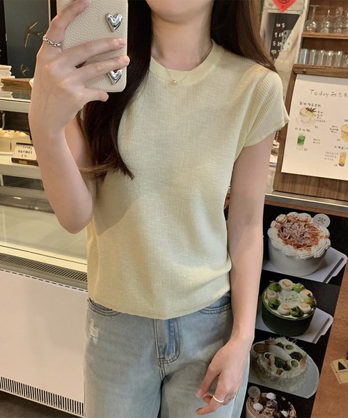 Girly Doll(ガーリードール)の「クルーネックショートスリーブニット(Tシャツ/カットソー・レディース・グリーン/パープル/イエロー/ブルー・FREE)」の12枚目の写真