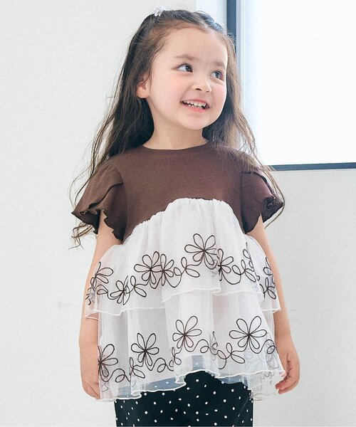 apres les cours(アプレレクール)の「チュール刺繍ドッキング半袖Tシャツ(Tシャツ/カットソー・キッズ・ブラウン/ラベンダー・80/90/100/110/120/130/140)」の1枚目の写真