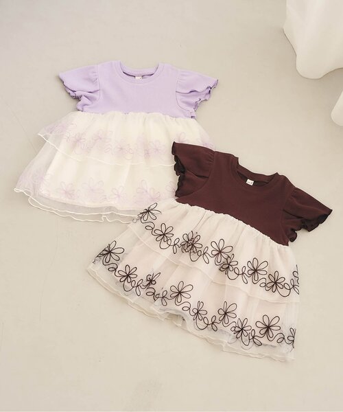 apres les cours(アプレレクール)の「チュール刺繍ドッキング半袖Tシャツ(Tシャツ/カットソー・キッズ・ブラウン/ラベンダー・80/90/100/110/120/130/140)」の5枚目の写真