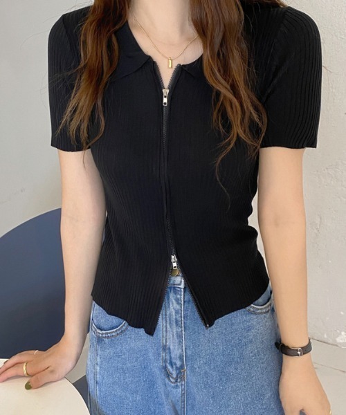 Teem Store(チームストア)の「ダブルジップリブ編みポロシャツ 夏ニット(Tシャツ/カットソー・レディース・ブルー/ブラック/ホワイト・F)」の2枚目の写真