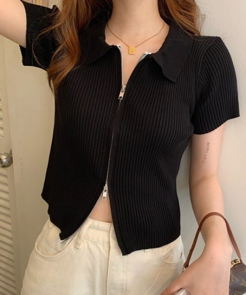 Teem Store(チームストア)の「ダブルジップリブ編みポロシャツ 夏ニット(Tシャツ/カットソー・レディース・ブルー/ブラック/ホワイト・F)」の4枚目の写真