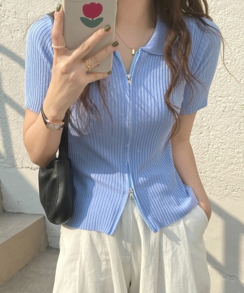 Teem Store(チームストア)の「ダブルジップリブ編みポロシャツ 夏ニット(Tシャツ/カットソー・レディース・ブルー/ブラック/ホワイト・F)」の13枚目の写真