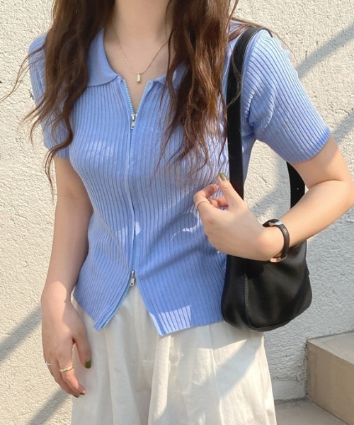 Teem Store(チームストア)の「ダブルジップリブ編みポロシャツ 夏ニット(Tシャツ/カットソー・レディース・ブルー/ブラック/ホワイト・F)」の14枚目の写真