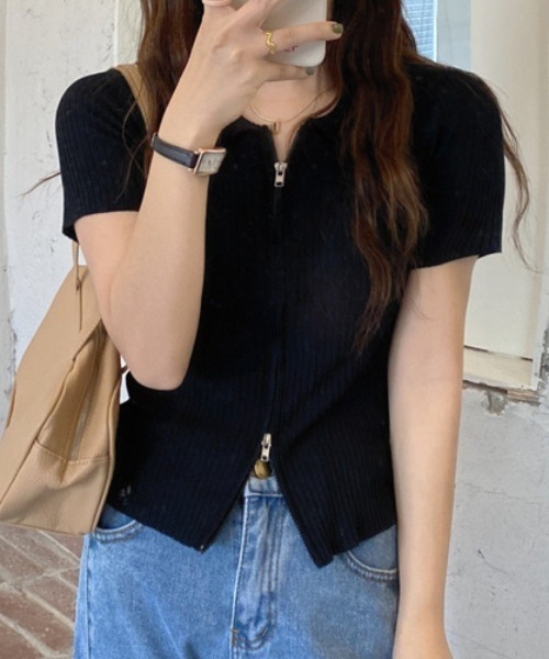 Teem Store(チームストア)の「ダブルジップリブ編みポロシャツ 夏ニット(Tシャツ/カットソー・レディース・ブルー/ブラック/ホワイト・F)」の7枚目の写真