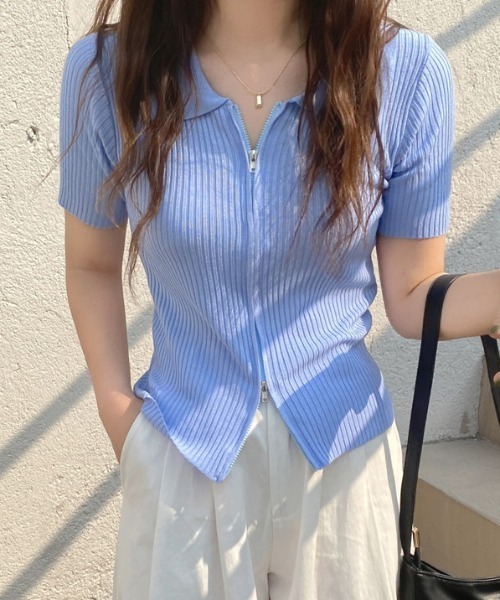 Teem Store(チームストア)の「ダブルジップリブ編みポロシャツ 夏ニット(Tシャツ/カットソー・レディース・ブルー/ブラック/ホワイト・F)」の15枚目の写真