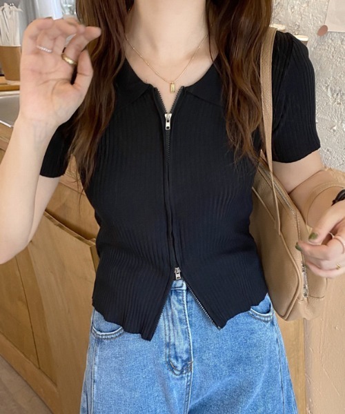 Teem Store(チームストア)の「ダブルジップリブ編みポロシャツ 夏ニット(Tシャツ/カットソー・レディース・ブルー/ブラック/ホワイト・F)」の8枚目の写真