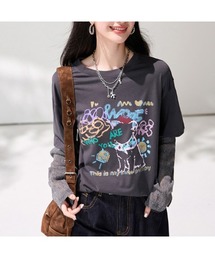 大人上品袖キラキラ切替Tシャツ