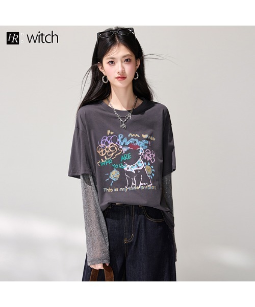 witch(ウイッチ)の「大人上品袖キラキラ切替Tシャツ(Tシャツ/カットソー・レディース・グレー系・FREE)」の3枚目の写真