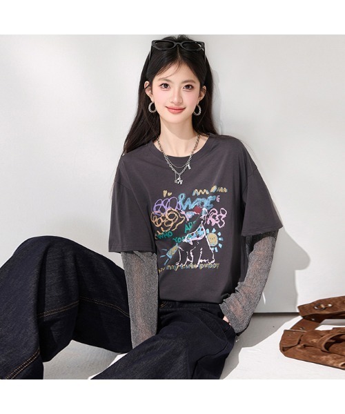 witch(ウイッチ)の「大人上品袖キラキラ切替Tシャツ(Tシャツ/カットソー・レディース・グレー系・FREE)」の4枚目の写真