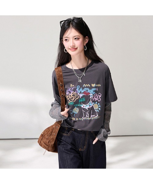 witch(ウイッチ)の「大人上品袖キラキラ切替Tシャツ(Tシャツ/カットソー・レディース・グレー系・FREE)」の5枚目の写真