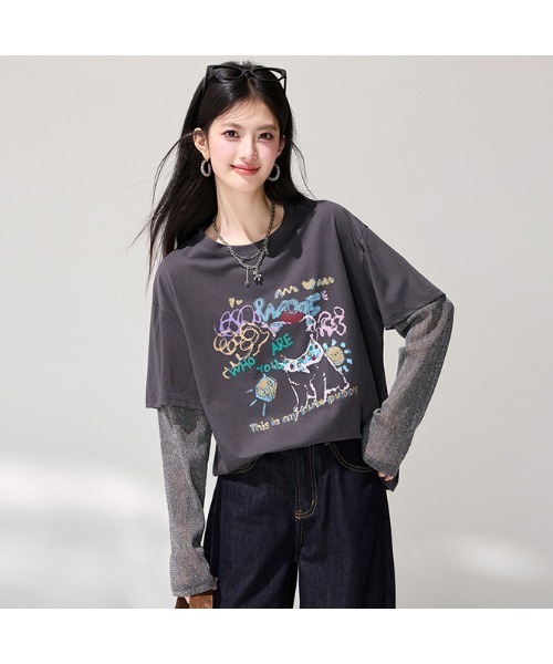 witch(ウイッチ)の「大人上品袖キラキラ切替Tシャツ(Tシャツ/カットソー・レディース・グレー系・FREE)」の8枚目の写真