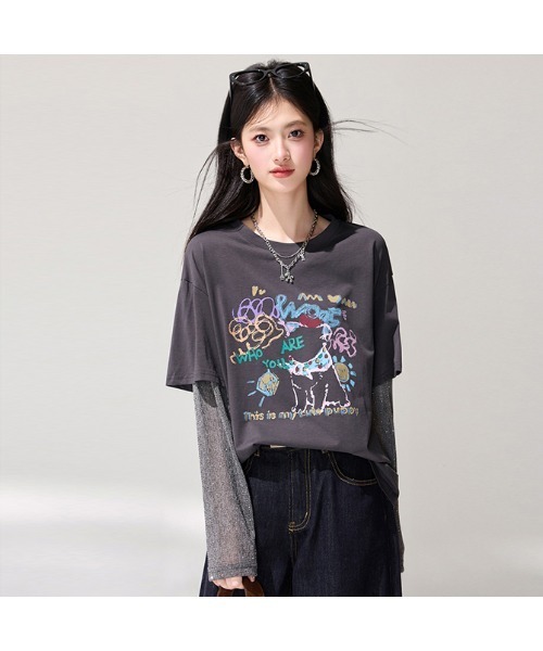 witch(ウイッチ)の「大人上品袖キラキラ切替Tシャツ(Tシャツ/カットソー・レディース・グレー系・FREE)」の10枚目の写真