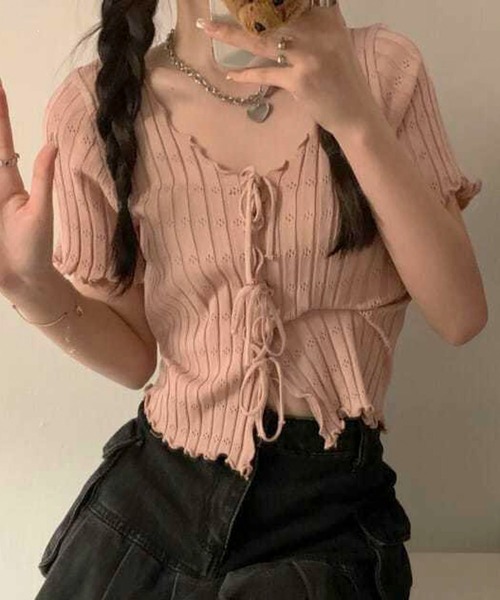 AVYL(アヴィル)の「フロントレースアップ半袖コンパクトトップス(Tシャツ/カットソー・レディース・ピンク/ブラック/ホワイト・M)」の14枚目の写真