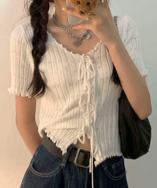 AVYL(アヴィル)の「フロントレースアップ半袖コンパクトトップス(Tシャツ/カットソー・レディース・ピンク/ブラック/ホワイト・M)」の15枚目の写真