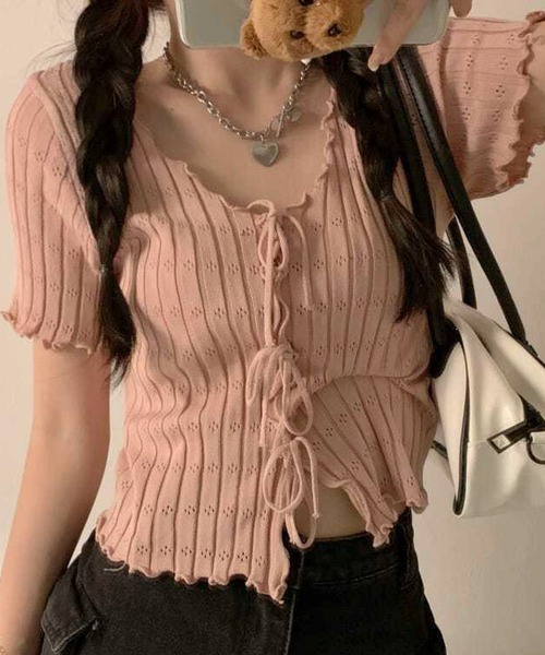 AVYL(アヴィル)の「フロントレースアップ半袖コンパクトトップス(Tシャツ/カットソー・レディース・ピンク/ブラック/ホワイト・M)」の16枚目の写真