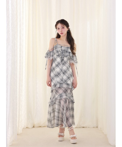 M me eme(エムミーエメ)の「Check chiffon mermaid onepiece(eme11019)(ワンピース・レディース・ブラック/ホワイト・FREE)」の2枚目の写真