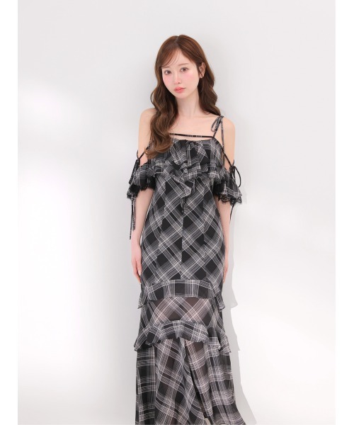 M me eme(エムミーエメ)の「Check chiffon mermaid onepiece(eme11019)(ワンピース・レディース・ブラック/ホワイト・FREE)」の8枚目の写真