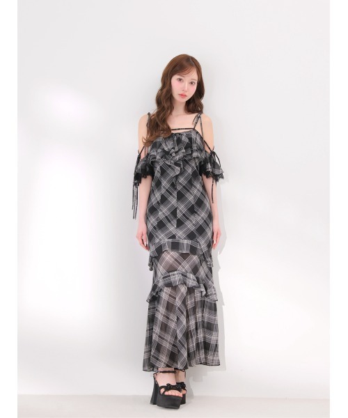 M me eme(エムミーエメ)の「Check chiffon mermaid onepiece(eme11019)(ワンピース・レディース・ブラック/ホワイト・FREE)」の9枚目の写真