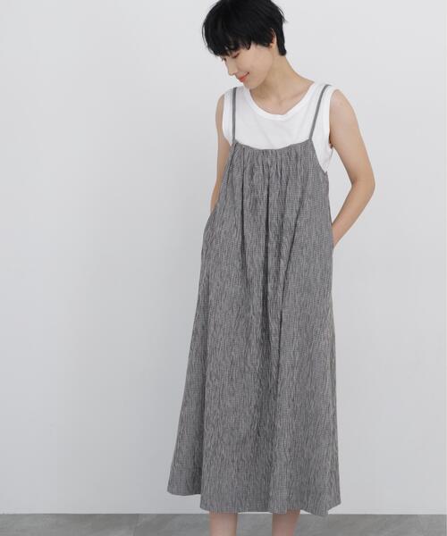 human woman(ヒューマンウーマン)の「◆【丈感調整可 / ウォッシャブル】高島ちぢみチェックキャミワンピース(ワンピース・レディース・ブラック系その他3/クリアブラウン・MEDIUM)」の3枚目の写真