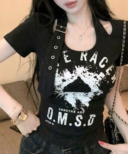 REMUR(レミュール)の「ベルトデザインプリントTシャツ(Tシャツ/カットソー・レディース・ホワイト/ブラック・FREE)」の12枚目の写真