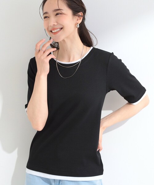 SHOO・LA・RUE（シューラルー）の「【S-LL/洗濯機可】二の腕隠れる 配色レイヤード風 5分袖Tシャツ（Tシャツ/カットソー・レディース・ブラウン系その他5/ブラック系4/グレー系4・04/03/02/01）」の2枚目の写真