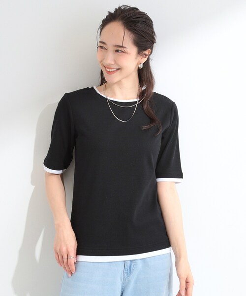 SHOO・LA・RUE（シューラルー）の「【S-LL/洗濯機可】二の腕隠れる 配色レイヤード風 5分袖Tシャツ（Tシャツ/カットソー・レディース・ブラウン系その他5/ブラック系4/グレー系4・04/03/02/01）」の8枚目の写真