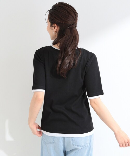 SHOO・LA・RUE（シューラルー）の「【S-LL/洗濯機可】二の腕隠れる 配色レイヤード風 5分袖Tシャツ（Tシャツ/カットソー・レディース・ブラウン系その他5/ブラック系4/グレー系4・04/03/02/01）」の9枚目の写真