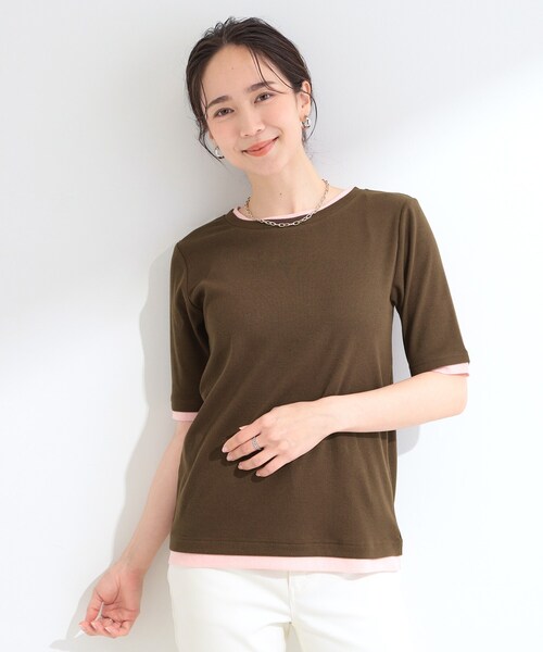 SHOO・LA・RUE（シューラルー）の「【S-LL/洗濯機可】二の腕隠れる 配色レイヤード風 5分袖Tシャツ（Tシャツ/カットソー・レディース・ブラウン系その他5/ブラック系4/グレー系4・04/03/02/01）」の12枚目の写真