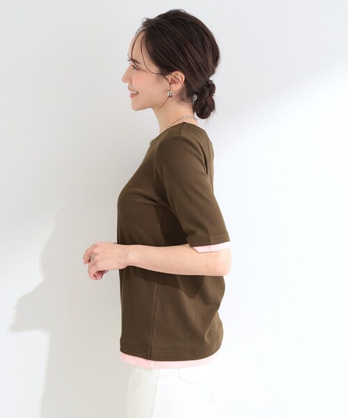 SHOO・LA・RUE（シューラルー）の「【S-LL/洗濯機可】二の腕隠れる 配色レイヤード風 5分袖Tシャツ（Tシャツ/カットソー・レディース・ブラウン系その他5/ブラック系4/グレー系4・04/03/02/01）」の13枚目の写真