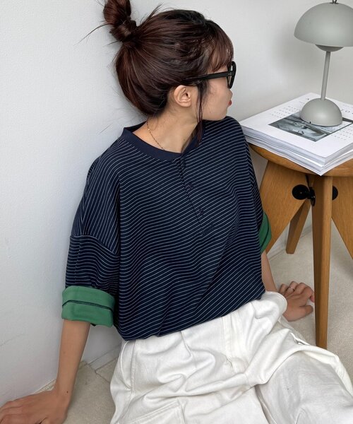 CIAOPANIC TYPY(チャオパニックティピー)の「【UNISEX】ボーダー配色ヘンリーTee(Tシャツ/カットソー・レディース・グレー/ネイビー/イエロー・MEDIUM/LARGE)」の15枚目の写真