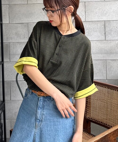 CIAOPANIC TYPY(チャオパニックティピー)の「【UNISEX】ボーダー配色ヘンリーTee(Tシャツ/カットソー・レディース・グレー/ネイビー/イエロー・MEDIUM/LARGE)」の16枚目の写真