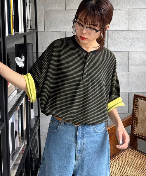 CIAOPANIC TYPY(チャオパニックティピー)の「【UNISEX】ボーダー配色ヘンリーTee(Tシャツ/カットソー・レディース・グレー/ネイビー/イエロー・MEDIUM/LARGE)」の17枚目の写真