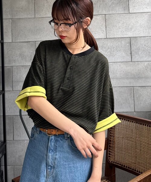 CIAOPANIC TYPY(チャオパニックティピー)の「【UNISEX】ボーダー配色ヘンリーTee(Tシャツ/カットソー・レディース・グレー/ネイビー/イエロー・MEDIUM/LARGE)」の18枚目の写真