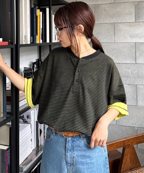 CIAOPANIC TYPY(チャオパニックティピー)の「【UNISEX】ボーダー配色ヘンリーTee(Tシャツ/カットソー・レディース・グレー/ネイビー/イエロー・MEDIUM/LARGE)」の19枚目の写真