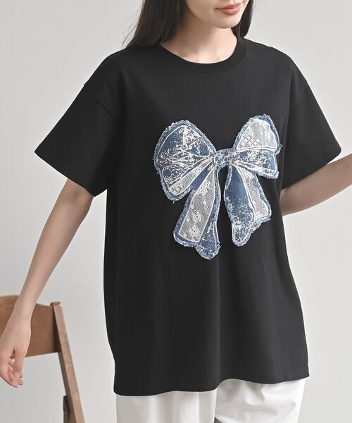 rps(アールピーエス)の「デニムリボンBIGT(Tシャツ/カットソー・レディース・杢グレー/ブラック・フリー)」の2枚目の写真