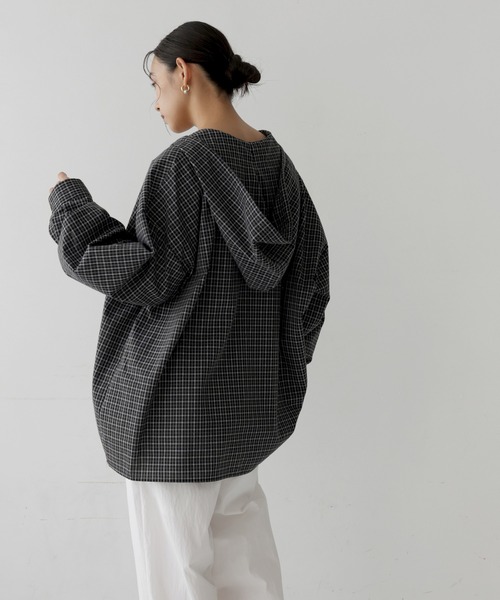  hellam（へラム）の「チェックフーディシャツ（シャツ/ブラウス・レディース・ネイビー/ブラウン/ブラック/ホワイト・FREE）」の5枚目の写真