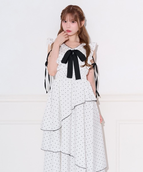 apres jour（アプレジュール）の「アソート柄配色リボンアシメティアードワンピース（ワンピース・レディース・ブラック系その他/ホワイト系その他・X-LARGE/SMALL/MEDIUM）」の7枚目の写真