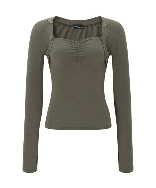 PLEASENOFOLLOW（プリーズノーフォロー）の「Valerie Shirring Button Long Sleeve Top (Khaki)（Tシャツ/カットソー・レディース・その他・FREE）」の2枚目の写真
