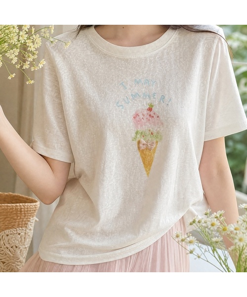 LA MODE MAQI(ラモードマキ)の「アイスクリームグラフィックライトウェイト夏Tシャツ(Tシャツ/カットソー・レディース・ホワイト・FREE)」の1枚目の写真