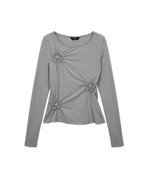 フローラルモチーフ スモッキング長袖Tシャツ_メランジグレー