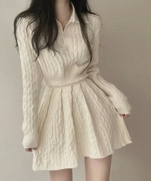 ポロカラーケーブルニット+ミニスカート セット