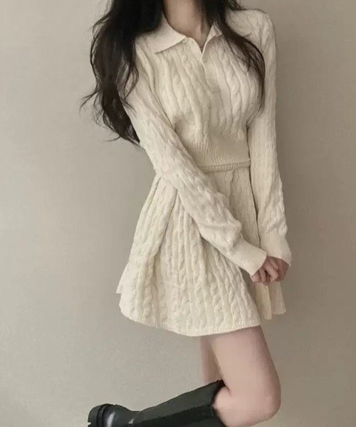Teem Store(チームストア)の「ポロカラーケーブルニット+ミニスカート セット(セットアップ・レディース・ブラック/ホワイト・M)」の3枚目の写真