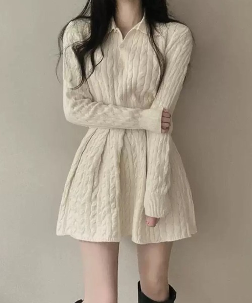 Teem Store(チームストア)の「ポロカラーケーブルニット+ミニスカート セット(セットアップ・レディース・ブラック/ホワイト・M)」の5枚目の写真