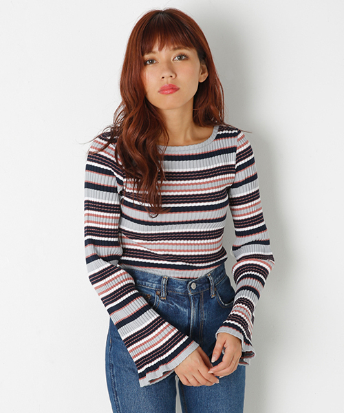 SLY(スライ)の「MULTI BORDER ベルスリーブTOPS(Tシャツ/カットソー・レディース・レッド/グリーン/グレー・2/1)」の2枚目の写真