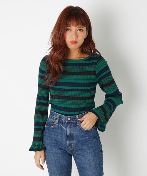 SLY(スライ)の「MULTI BORDER ベルスリーブTOPS(Tシャツ/カットソー・レディース・レッド/グリーン/グレー・2/1)」の1枚目の写真